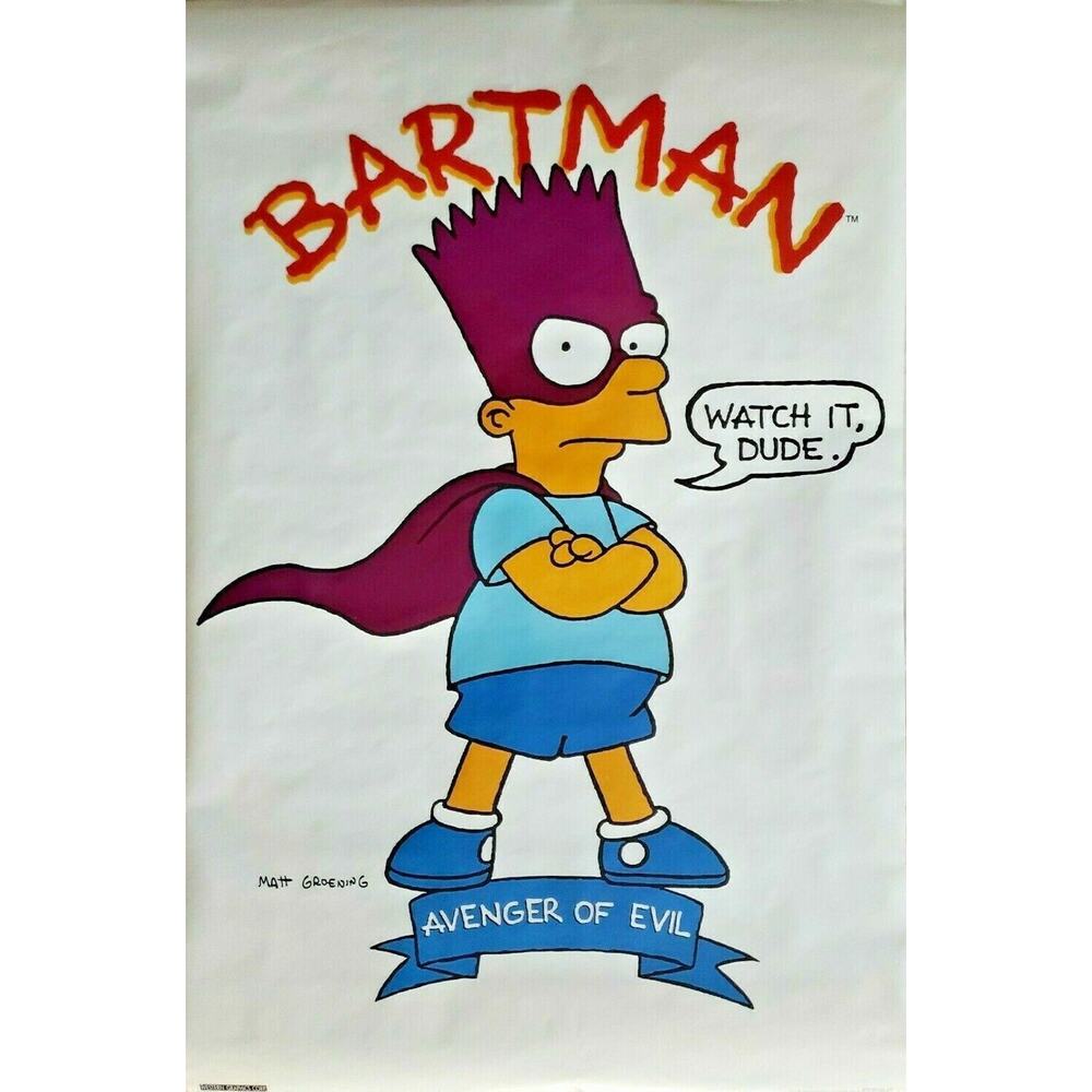 Vintage 1990 Original Simpsons Bart "Bartman" Avenger of Evil Poster 21"x 31.75"